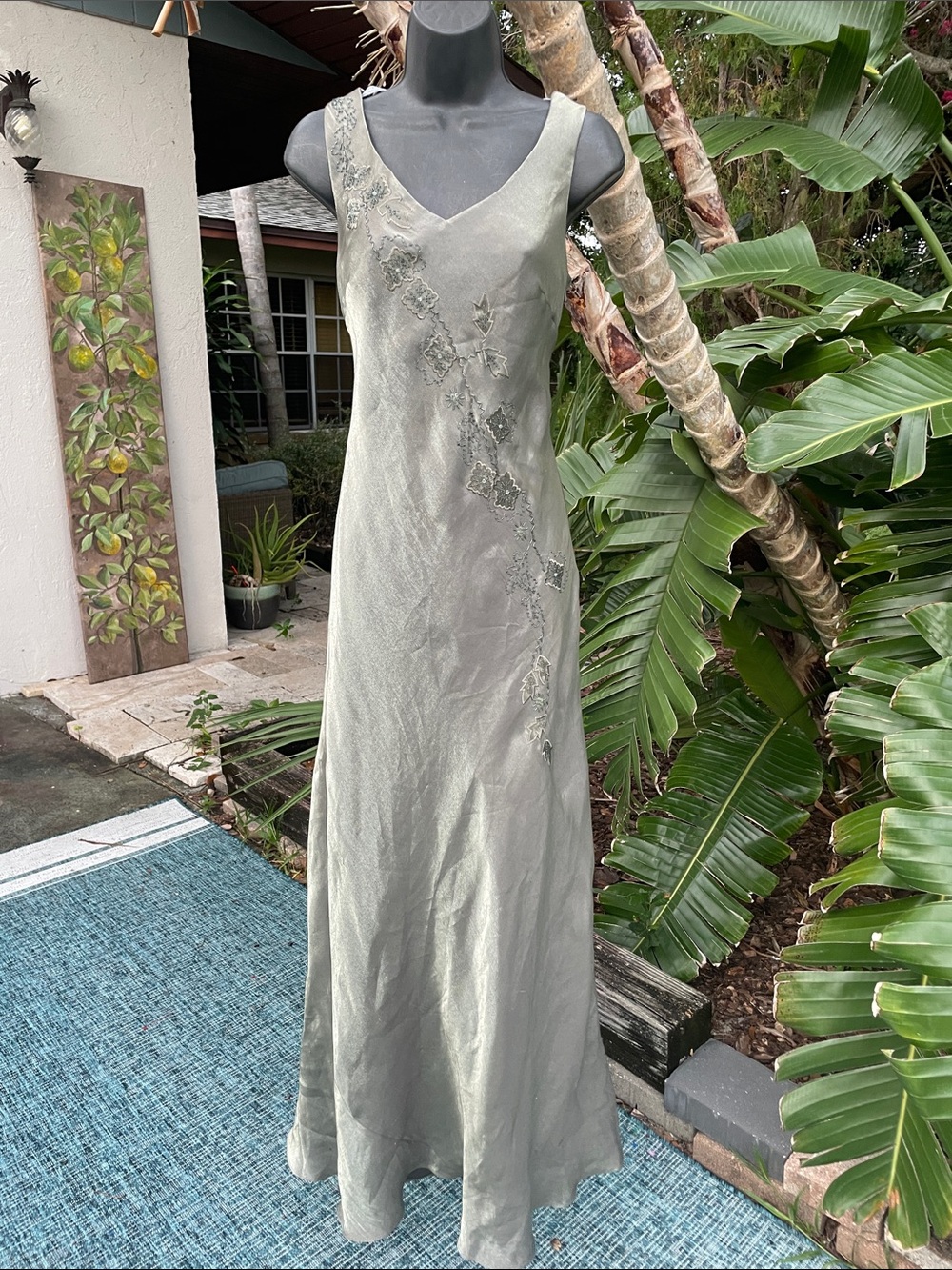 metallic olive, green, pewter bias, cut dress with beaded embellishment